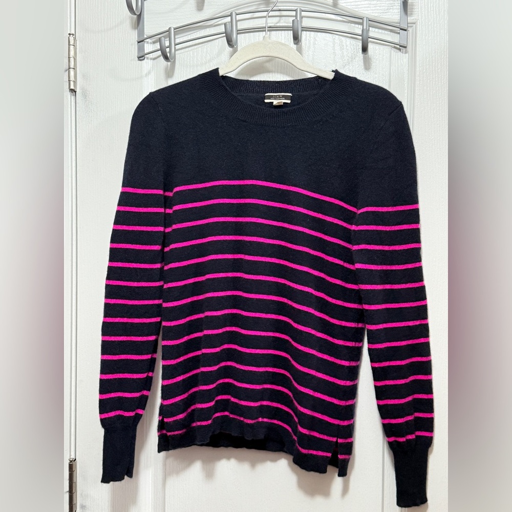 J. Crew 100% Cashmere Crewneck Navy Hot Pink Stripe women's M classic preppy